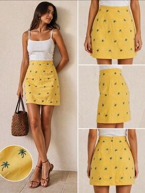 Talbots Yellow Palm Tree Embroidered Skirt Size 12 Summer Tropical Lightweight 🧵